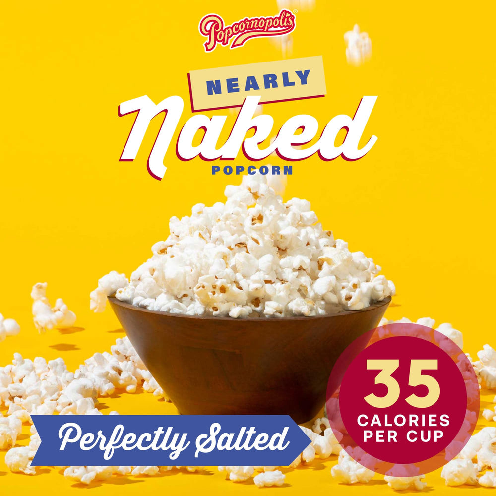 Popcornopolis Nearly Naked 24-pack packaging emphasizes bulk convenience for lunches