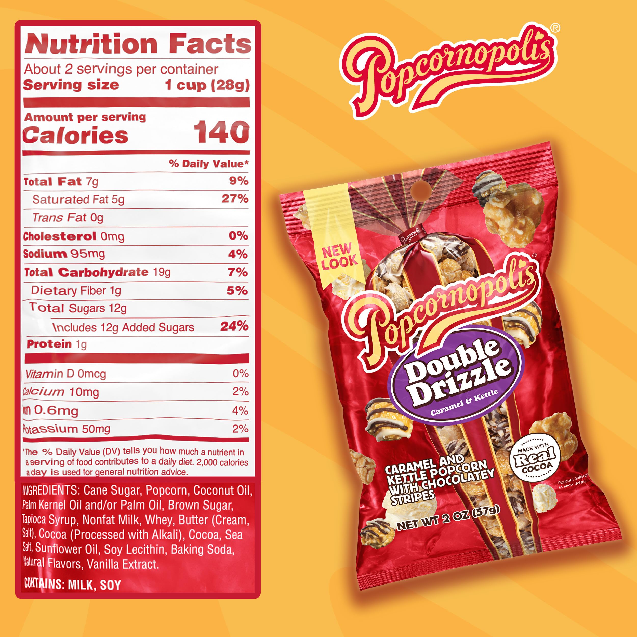 Popcornopolis sweet-salty base with chocolate drizzle, ideal for movie nights.