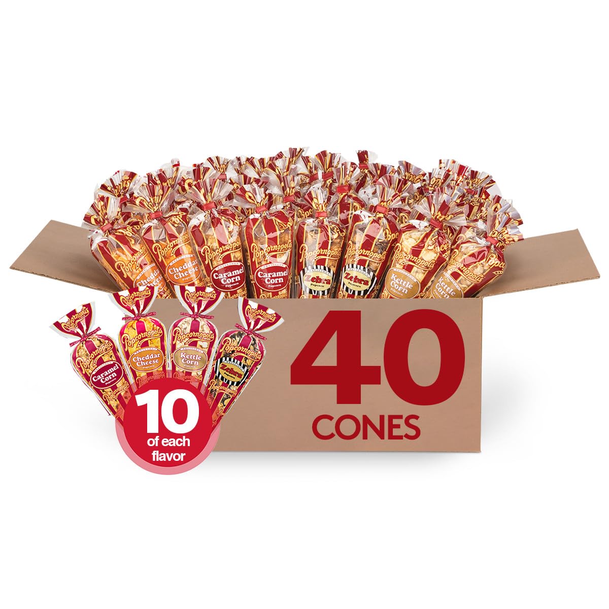 Popcornopolis 40-pack variety cones for easy sharing and party snacking.