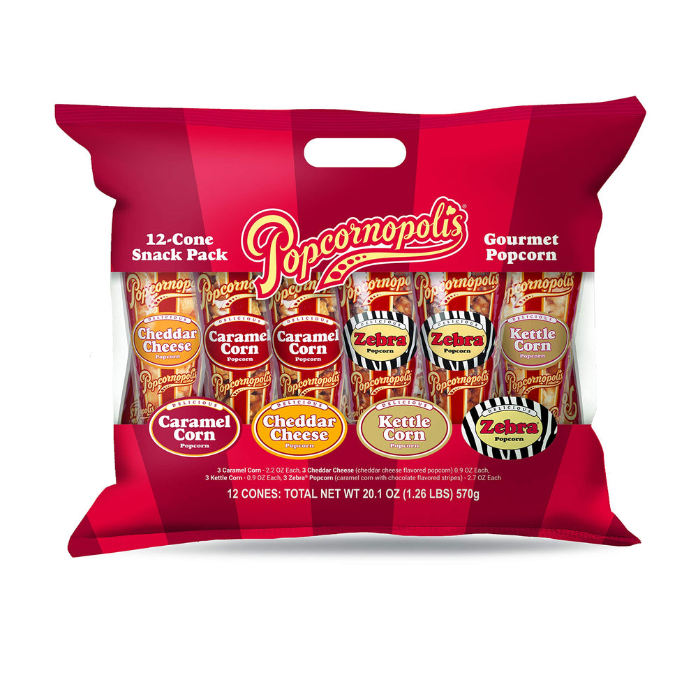 Popcornopolis Zebra cone 12pk, ideal for parties with bold striped flavor.