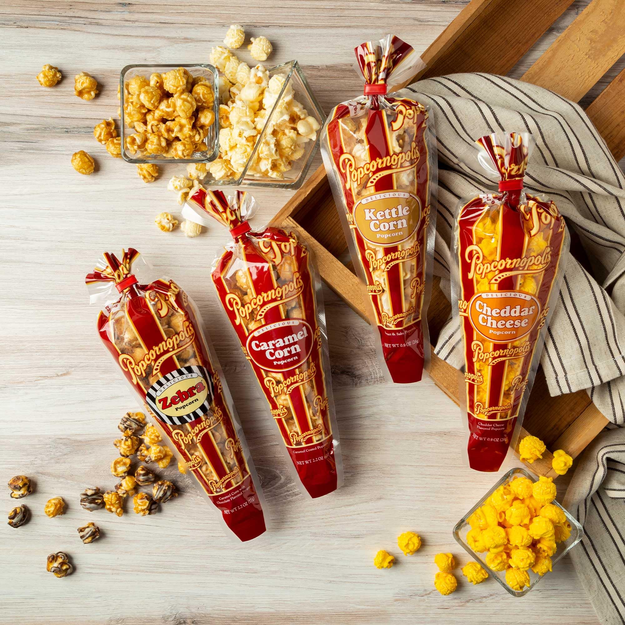Popcornopolis Zebra popcorn cone delivers iconic striped crunch for a fun treat.