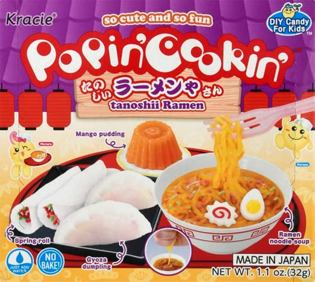 Popin' Cookin' ramen kit packaging showing included ingredients for a fun candy project