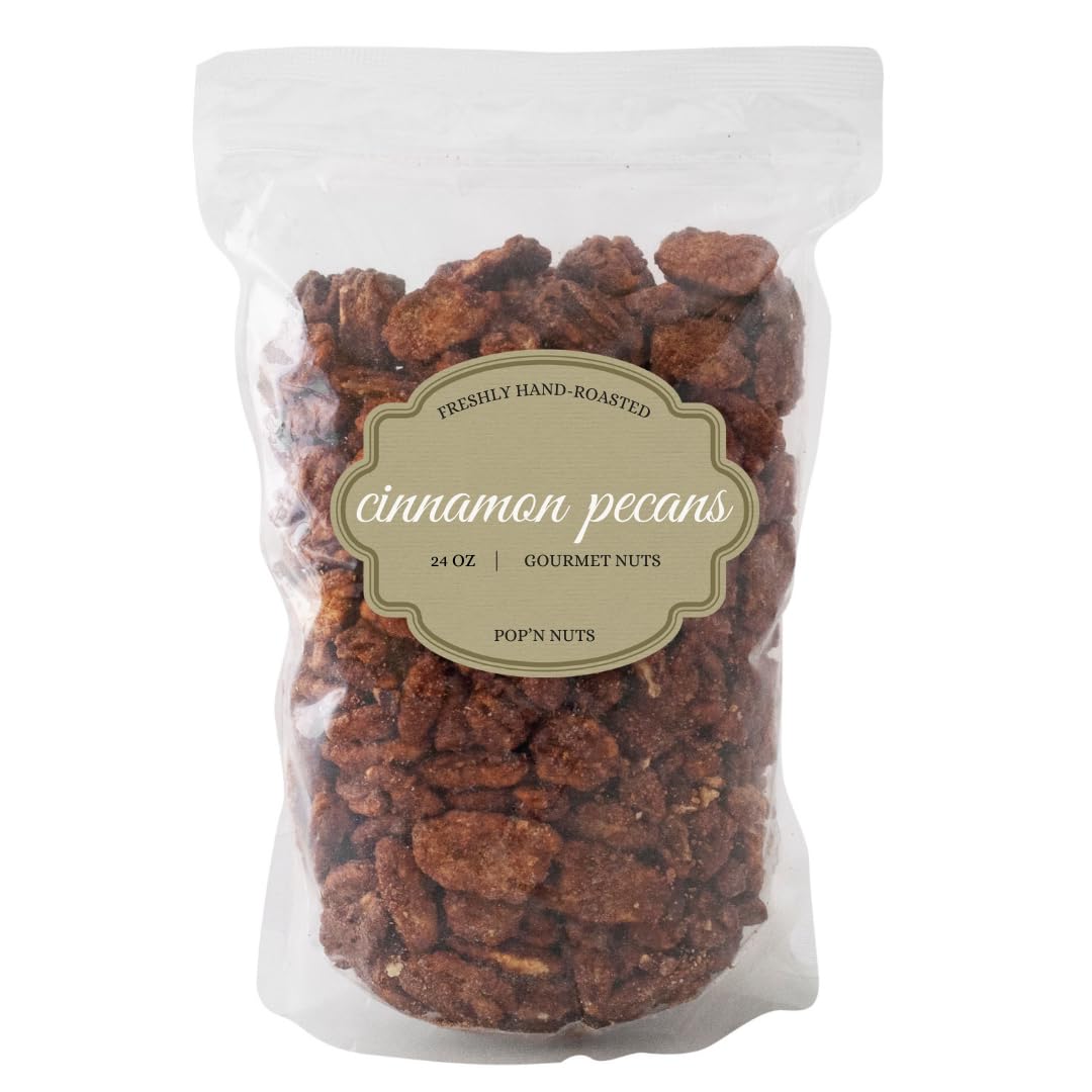 Pop’N Nuts Cinnamon Pecans bag close-up with glossy coating, premium snack on the go.