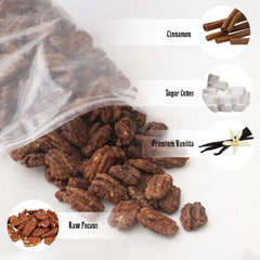 Pop’N Nuts Cinnamon Pecans showing its cinnamon glaze for dessert topping.