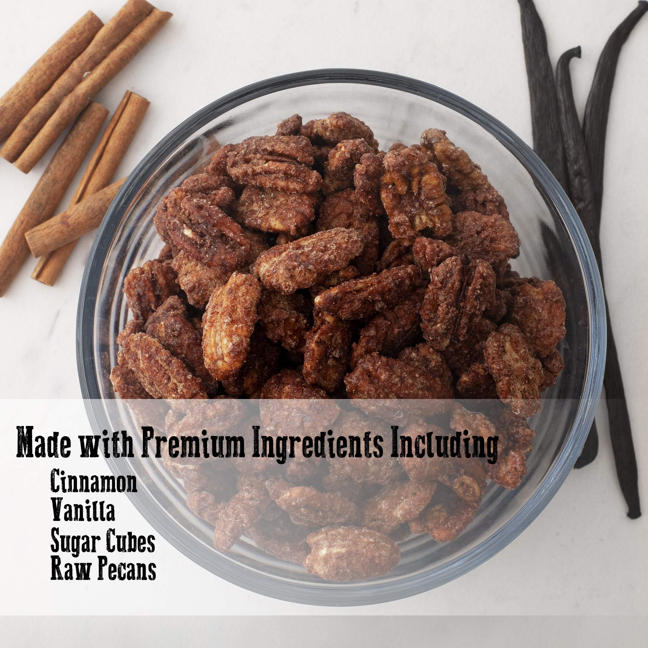 Pop’N Nuts Cinnamon Pecans roasted in a copper kettle, rich and crunchy.
