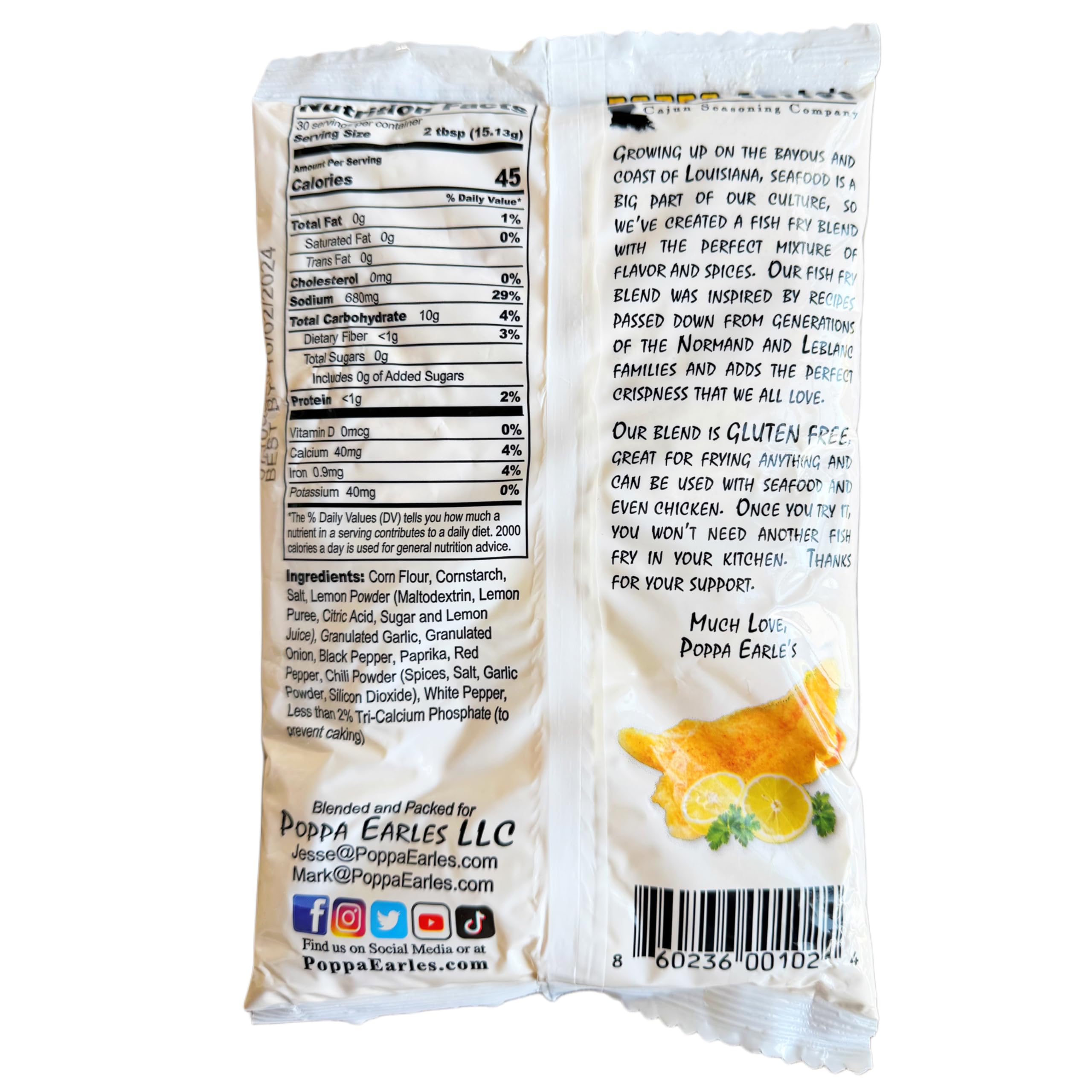 Poppa Earle's Fish Fry back label highlights easy-stick coating and zero sugar.