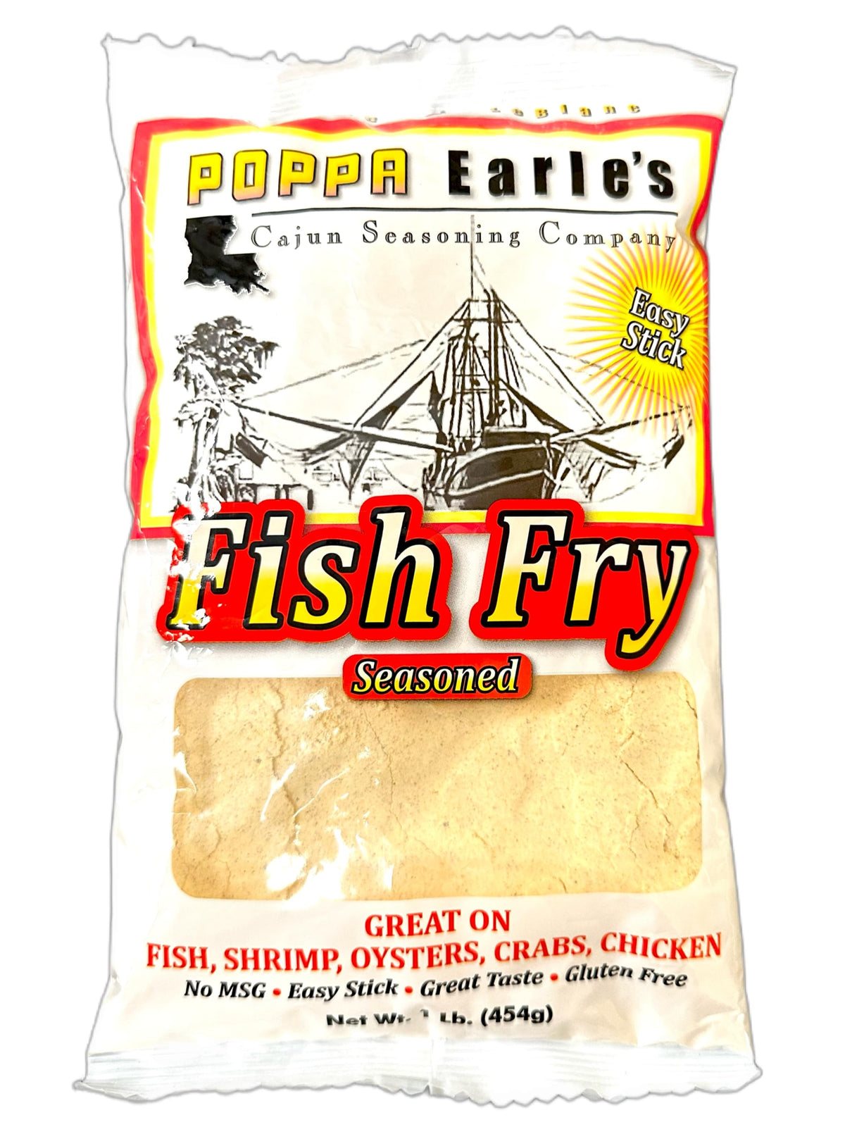 Poppa Earle's Fish Fry bag front shows Cajun seasoning and gluten-free labeling for seafood lovers.