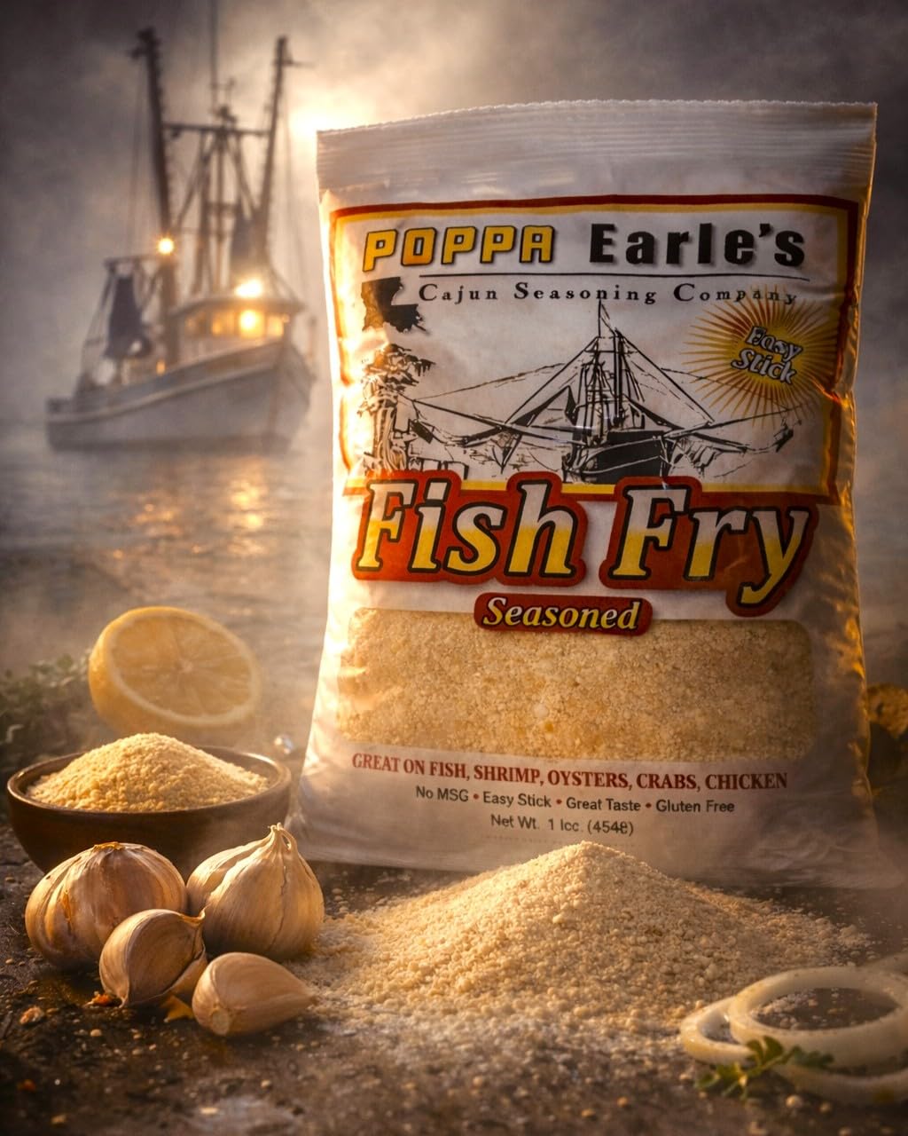 Poppa Earle's Cajun spices deliver vibrant seasoning with garlic, onion, and lemon.