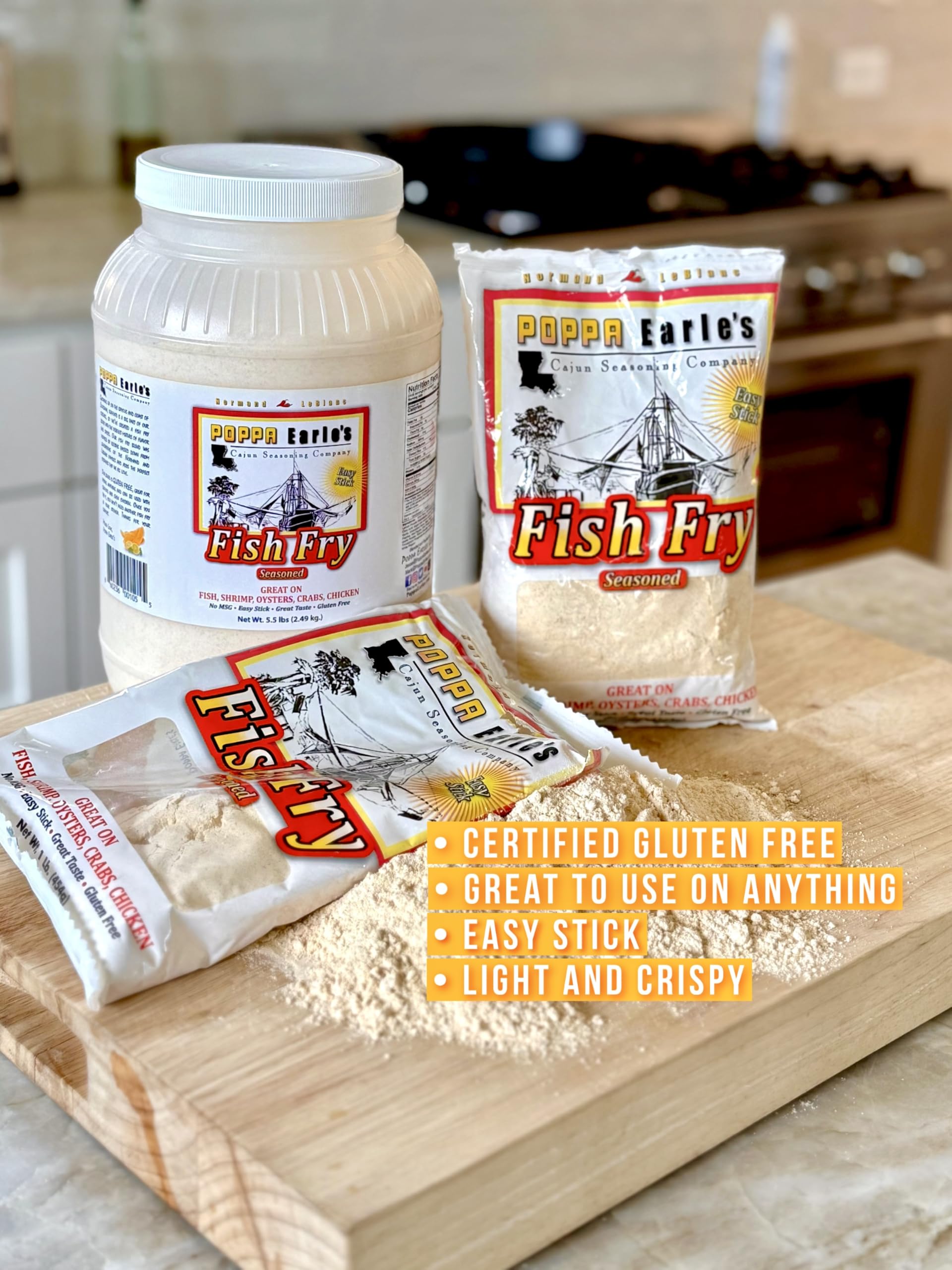 Poppa Earle's Fish Fry crispy breading creates a golden crust on seafood.