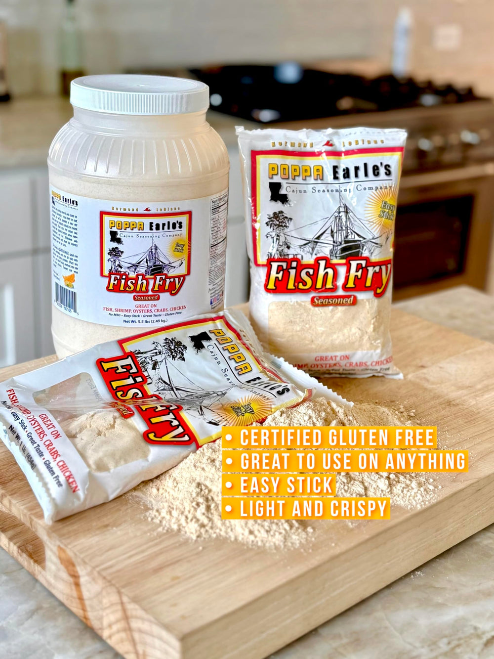 Poppa Earle's Fish Fry crispy breading creates a golden crust on seafood.