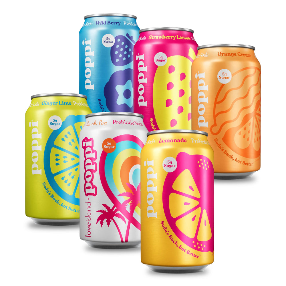 poppi front view shows 12-pack cans displaying variety and refreshing fizz