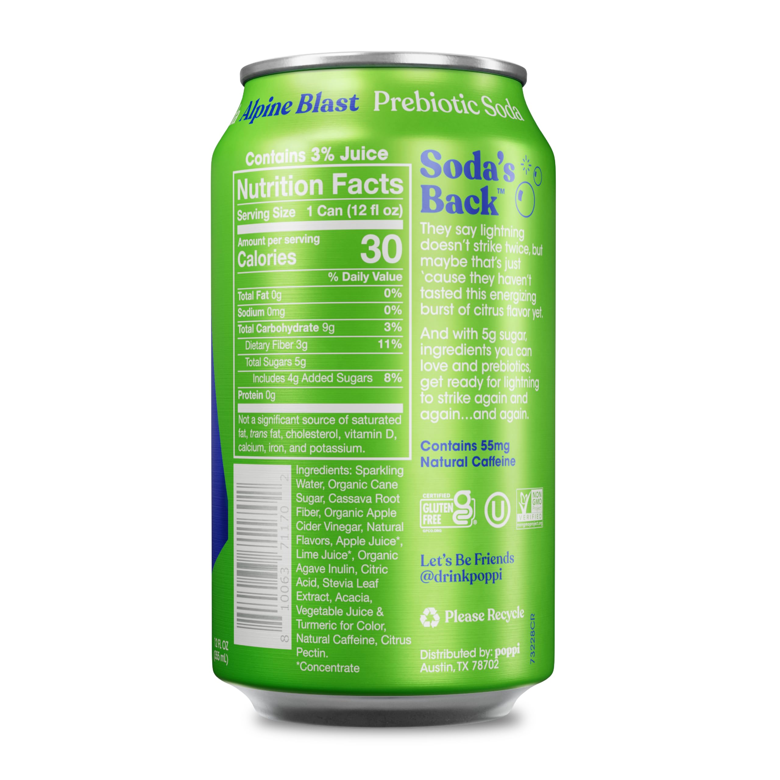 Poppi Alpine Blast can pouring, low sugar with natural caffeine