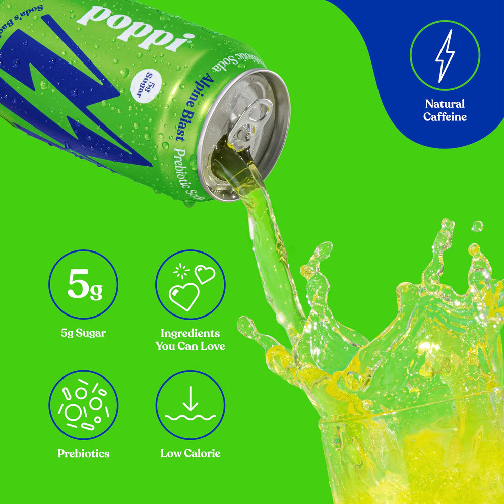 Glass with ice and Alpine Blast fizz, vibrant and inviting