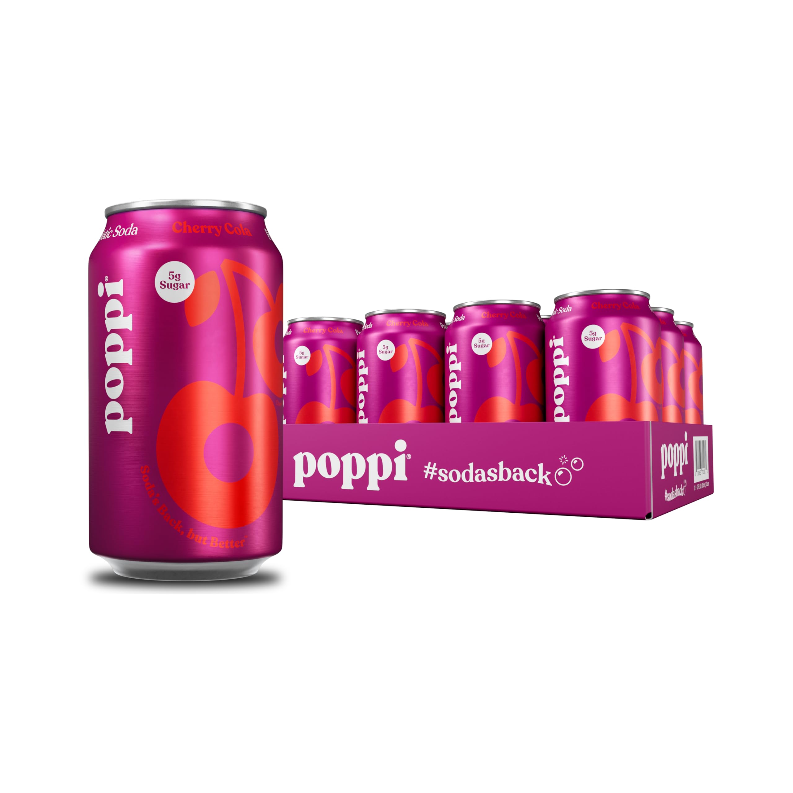 Poppi Cherry Cola bottle front view, refreshing prebiotic sip