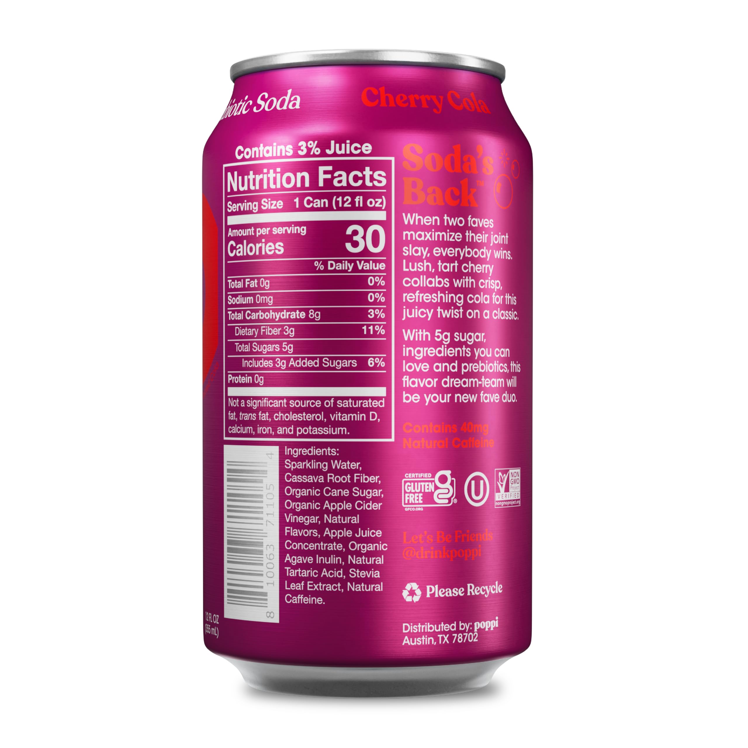 Close-up of bubbles in Poppi Cherry Cola highlighting vibrant flavor