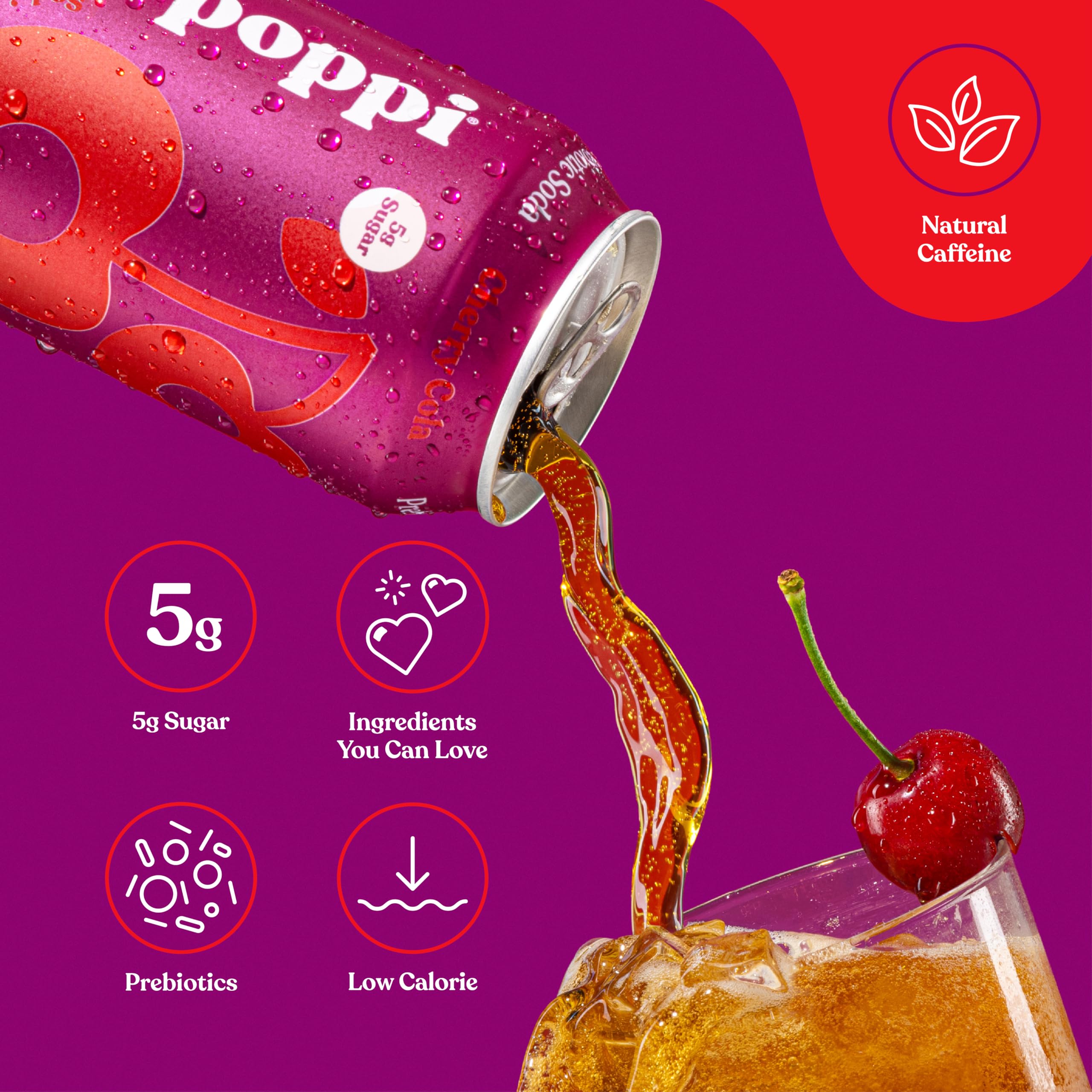 Poppi Cherry Cola 12-pack can pack with cans on display