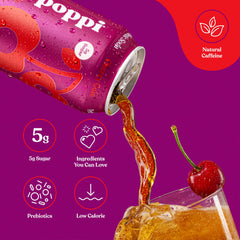 Poppi Cherry Cola 12-pack can pack with cans on display