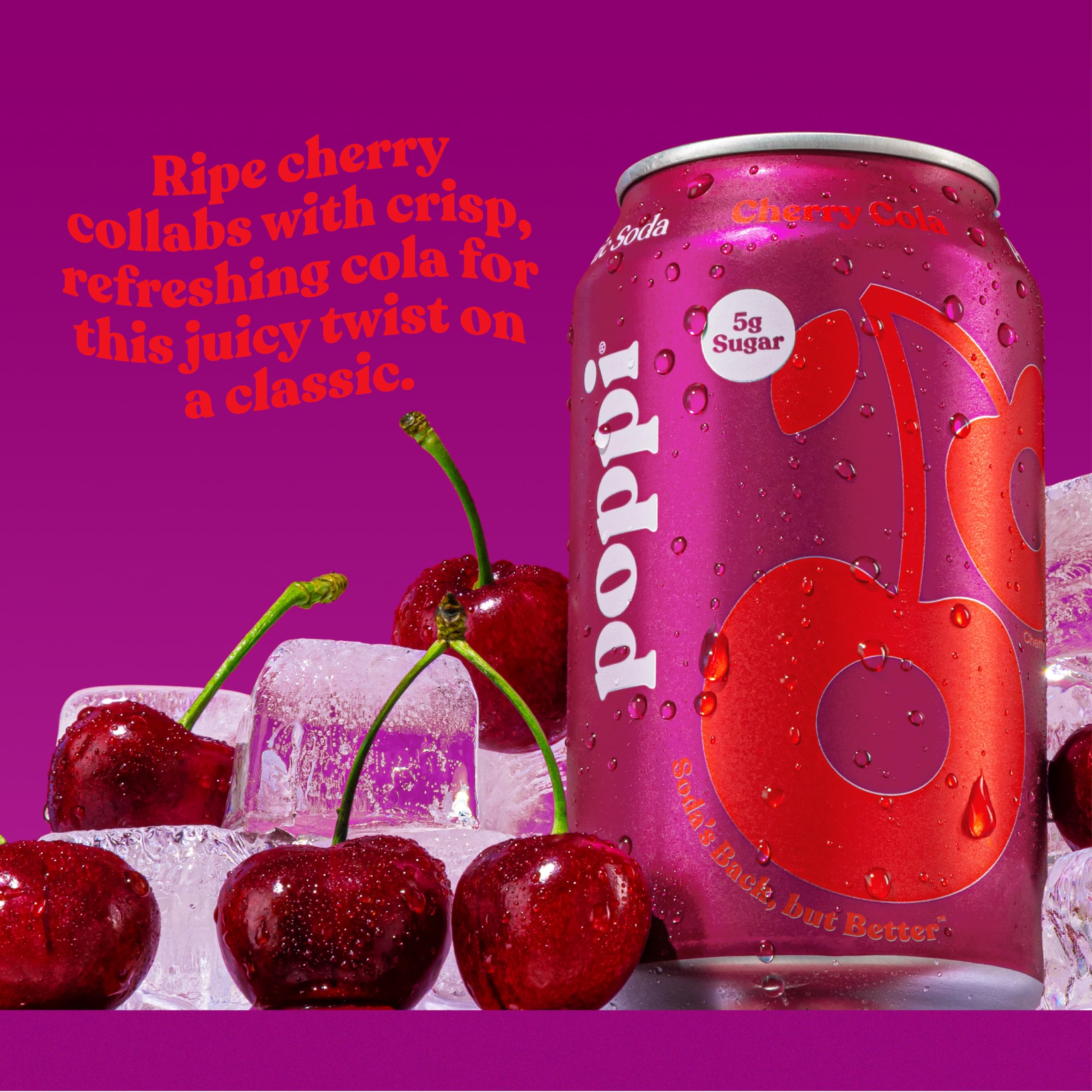 Poppi Cherry Cola being poured into a glass for serving