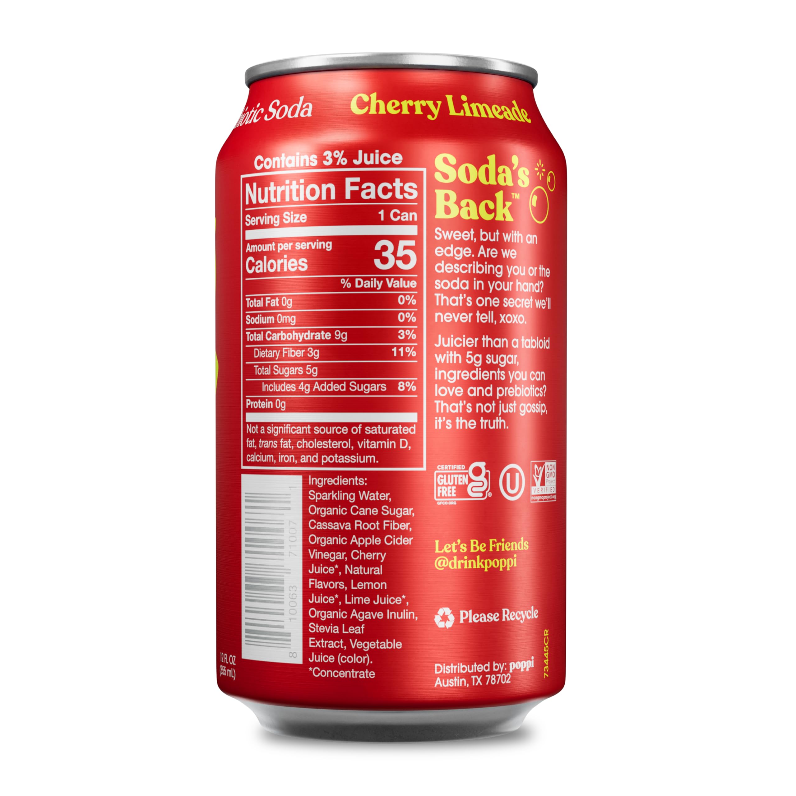 Poppi Cherry Limeade can being poured into a glass with fizz