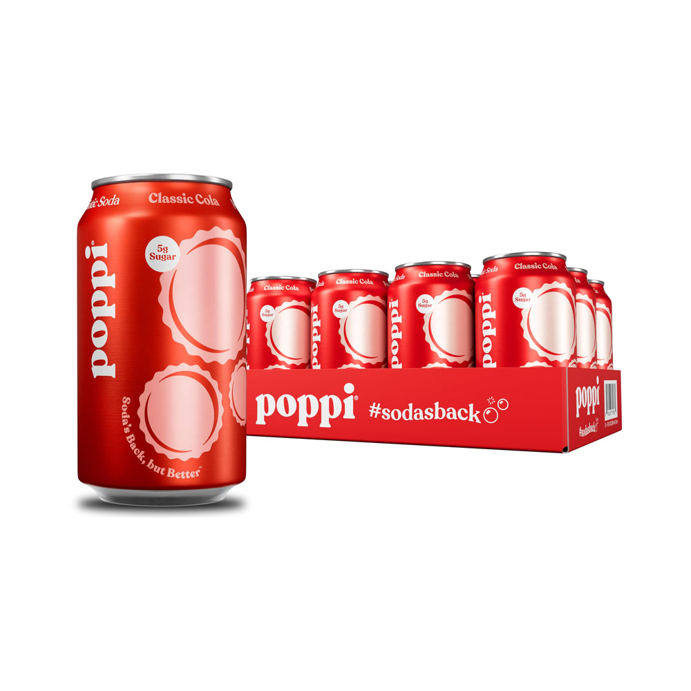 Poppi Classic Cola can offers crisp flavor with light sugar for everyday refreshment.