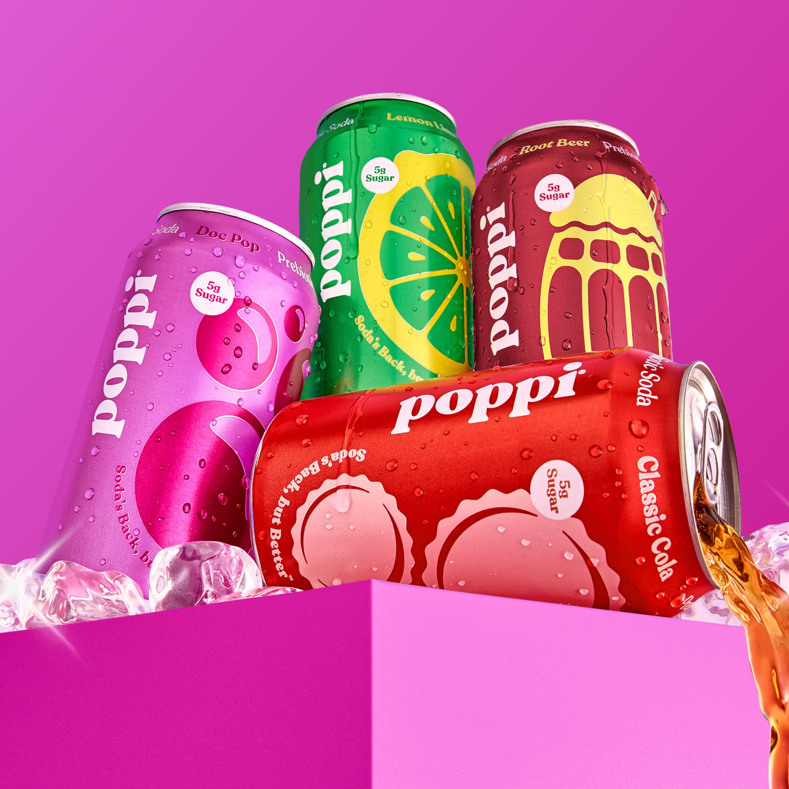 poppi classic cola can label detail showing natural juice and low-sugar callout