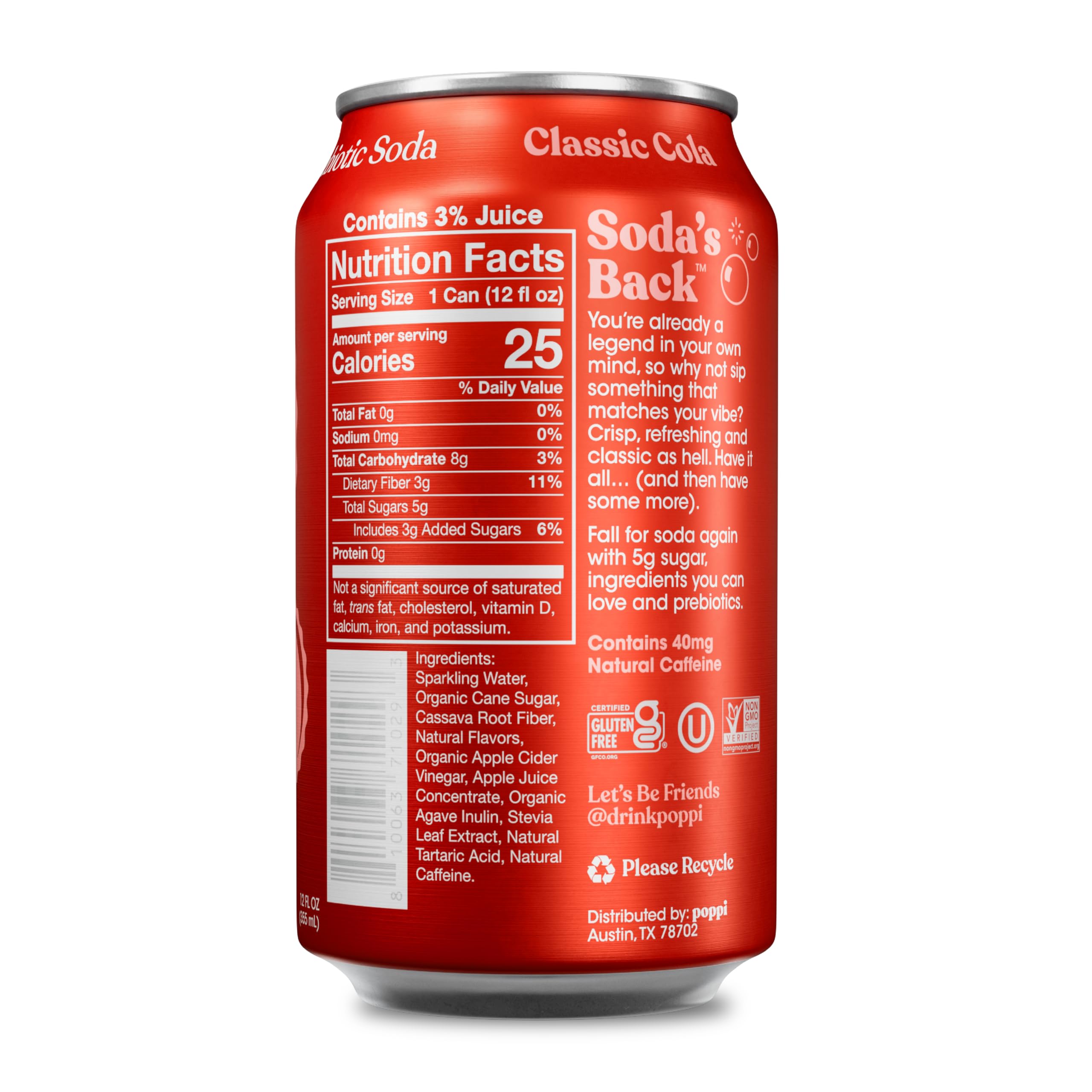 Poppi Classic Cola pour into glass showing inviting color and fizz