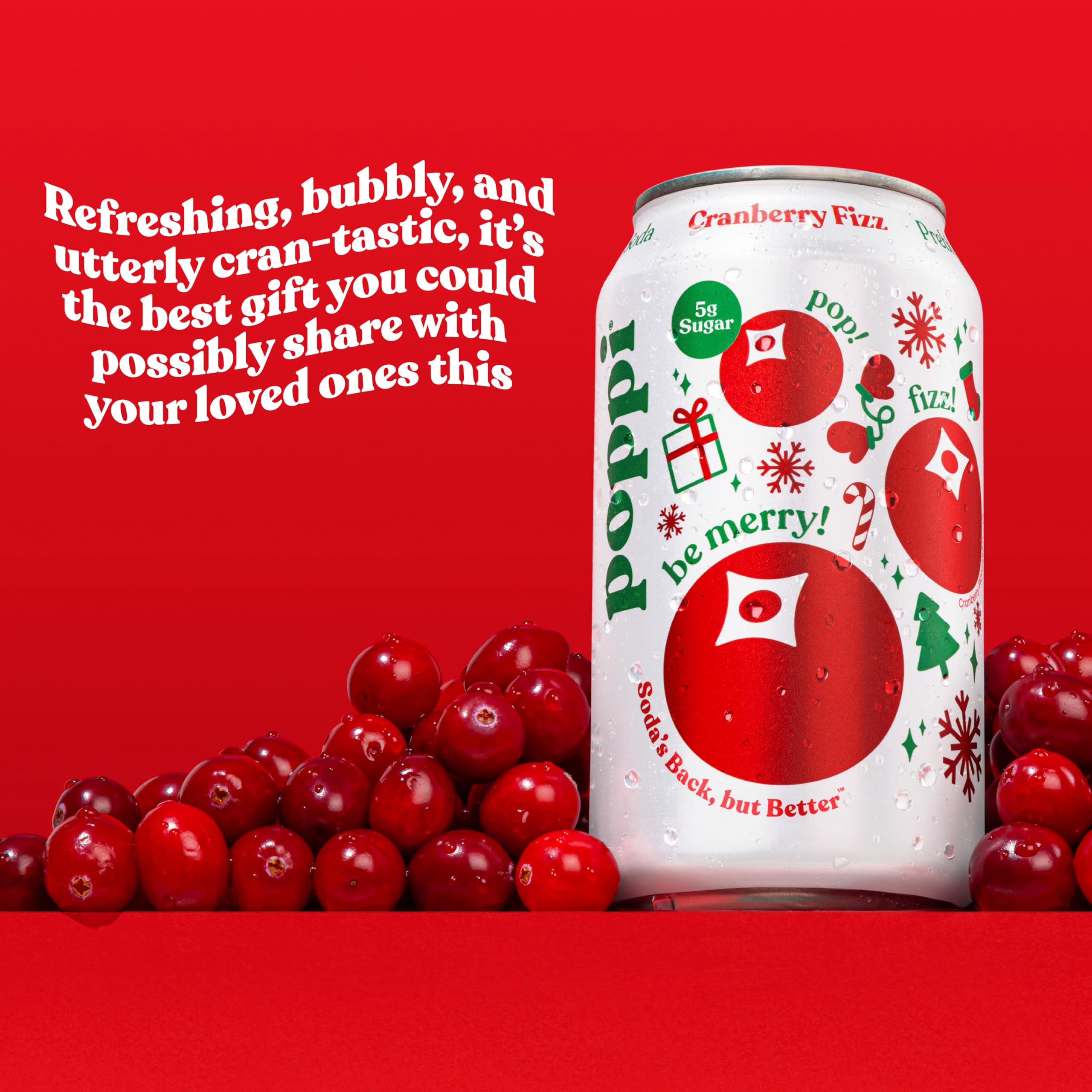 poppi cranberry fizz can close-up highlighting carbonation and prebiotic ingredient detail