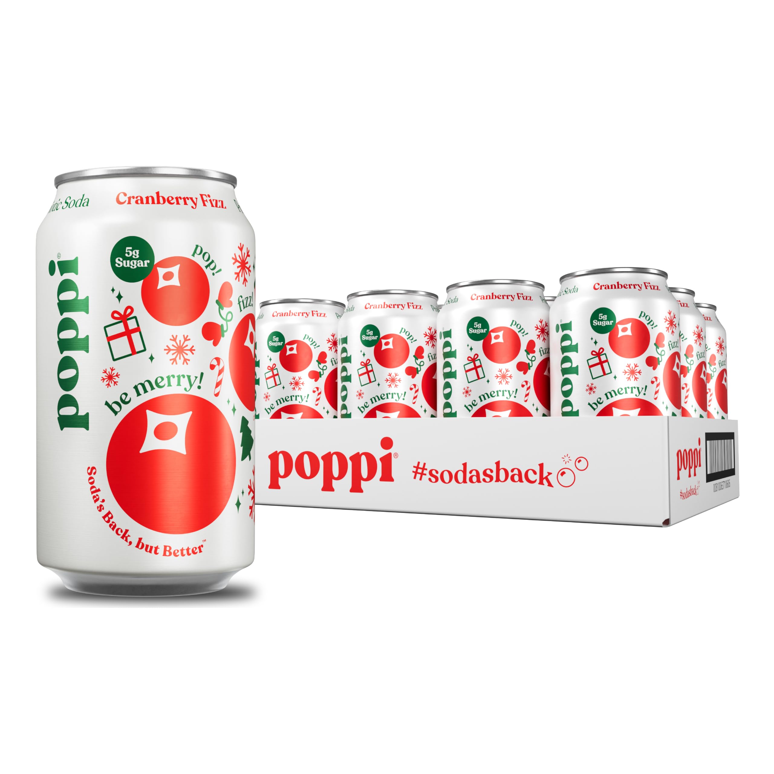 poppi cranberry fizz front packaging showing bright cranberry label and can benefit of low sugar