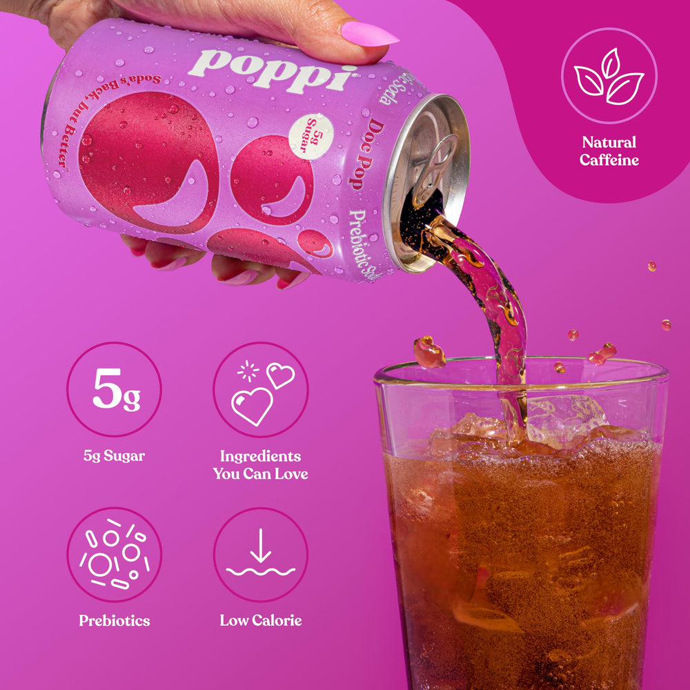 Poppi Doc Pop bottle with ice and lemon wedges illustrating a refreshing ready-to-drink moment
