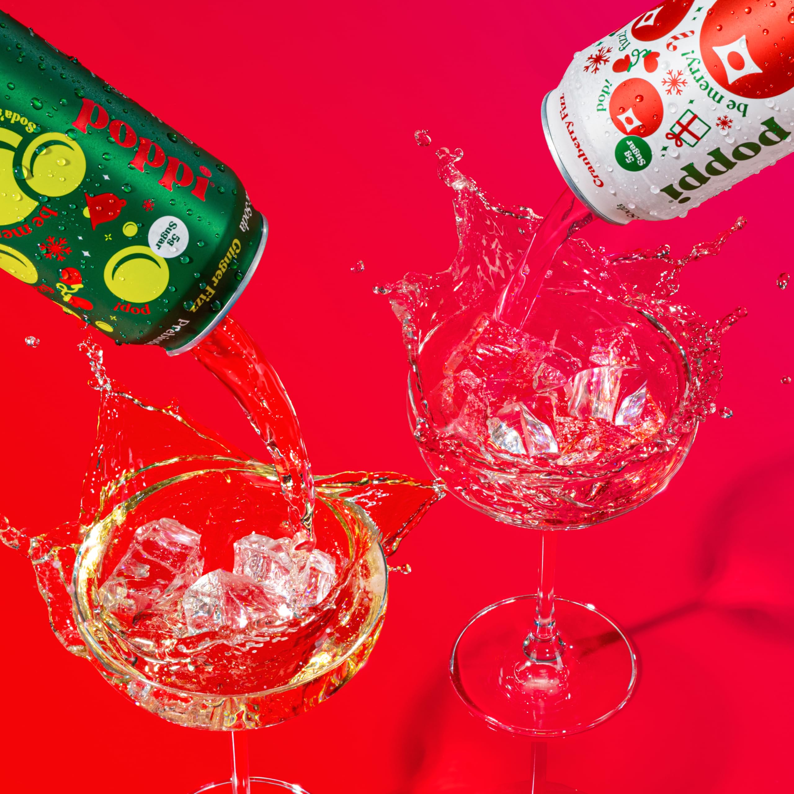 poppi close-up of Ginger and Cranberry can labels highlighting prebiotic ingredients
