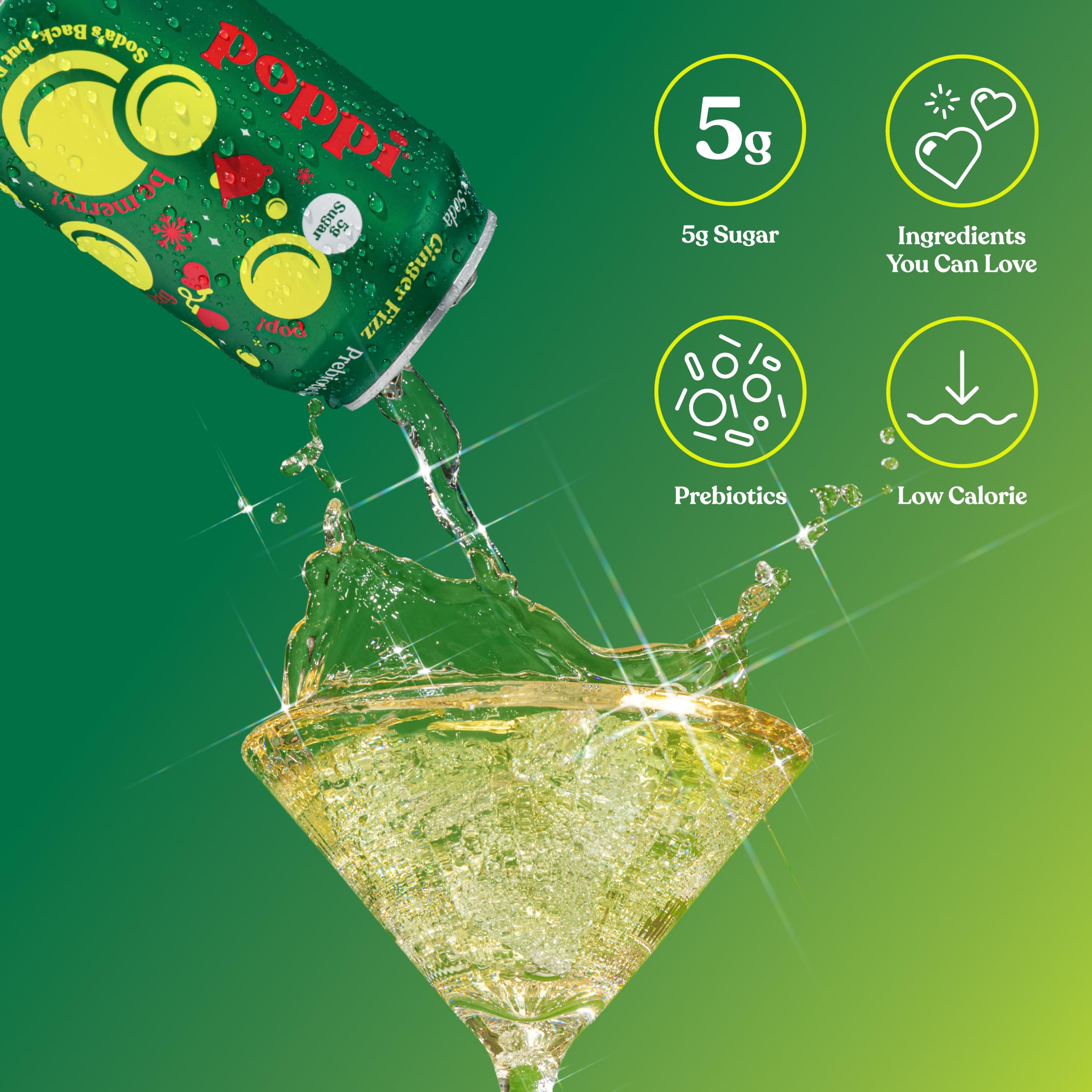 Poppi Ginger Fizz poured in glass with bubbles, showing refreshing taste benefit