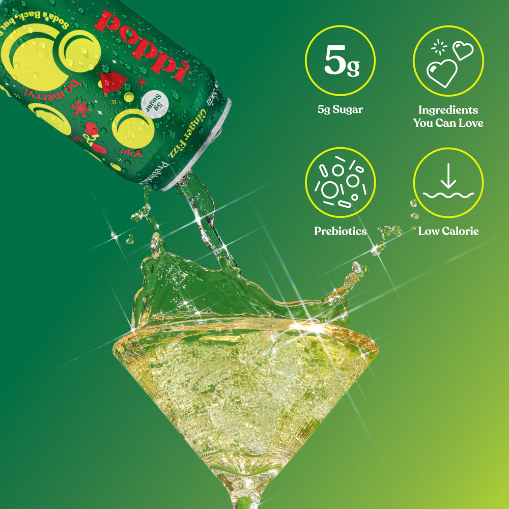 Poppi Ginger Fizz poured in glass with bubbles, showing refreshing taste benefit