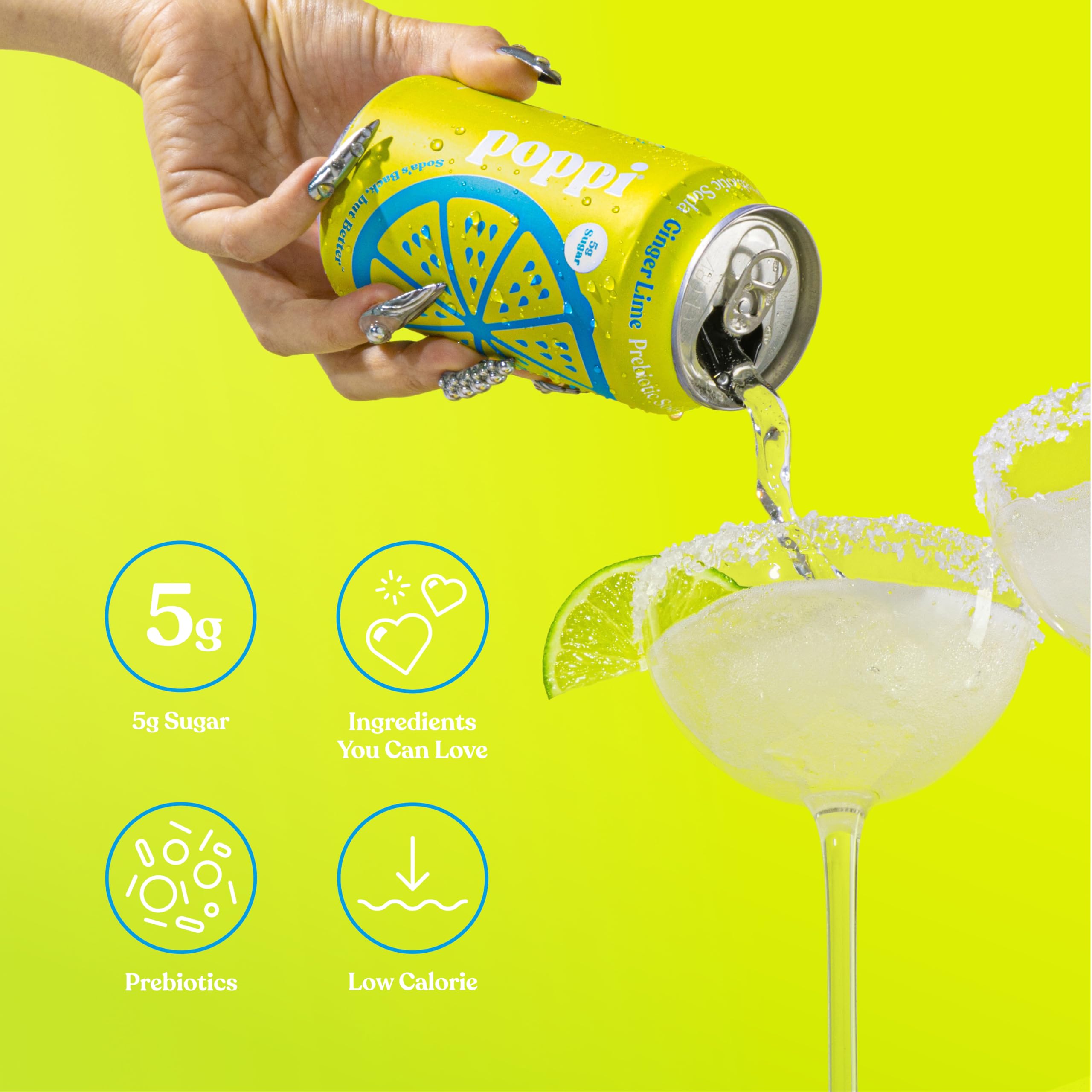 Close-up of Poppi Ginger Lime label highlighting agave inulin prebiotics.