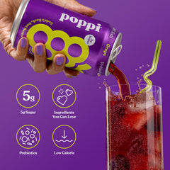 poppi grape being poured over ice in a glass for chilled refreshing serving