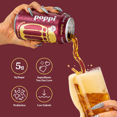 Poppi label shows natural ingredients and prebiotic fiber information.