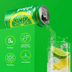 Poppi ingredients label close-up highlighting agave inulin and cassava fiber.