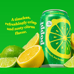 Close-up of Poppi bubbles in lemon lime soda for a quick refreshing moment