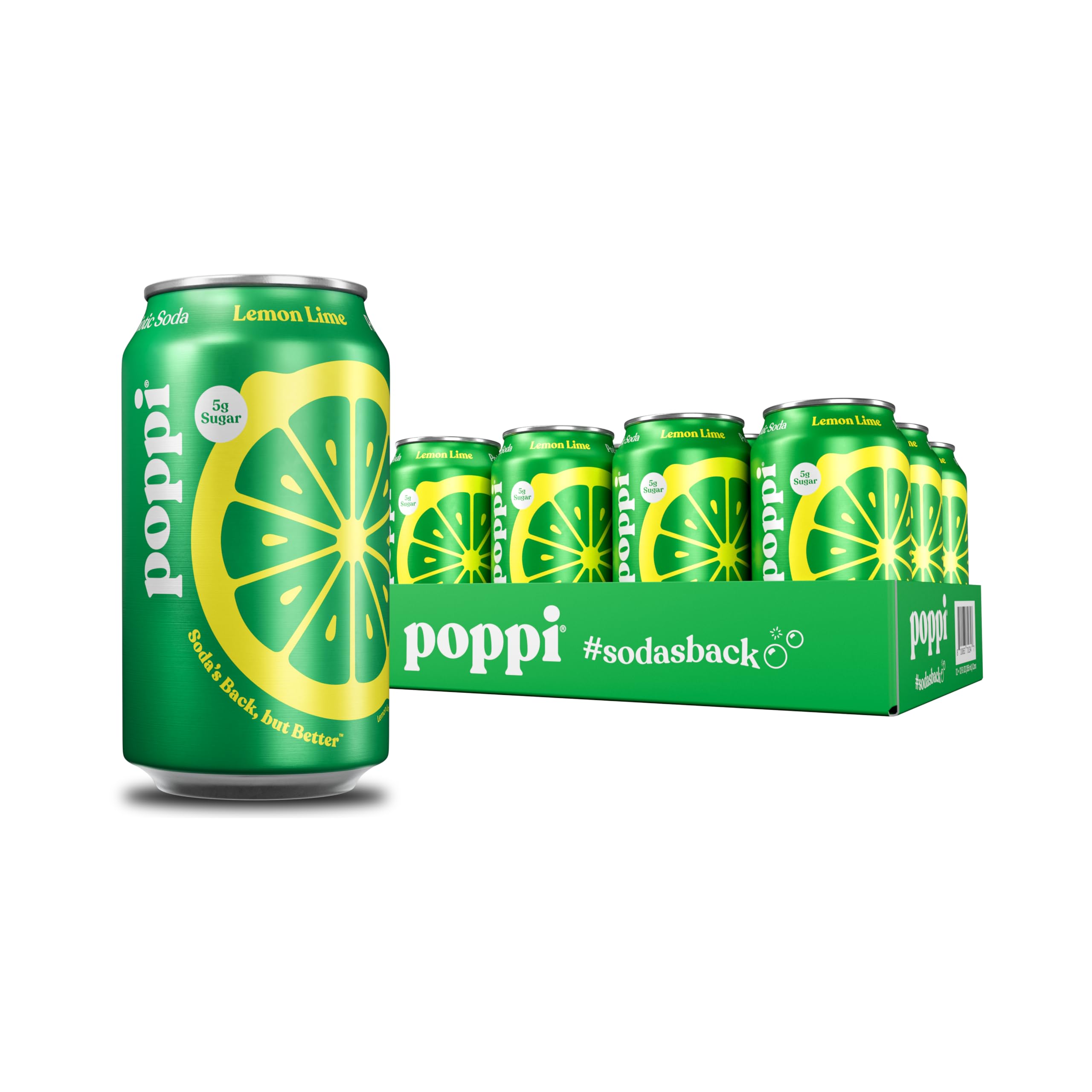 Poppi Lemon Lime can with sparkling bubbles and prebiotic fiber for a refreshing sip