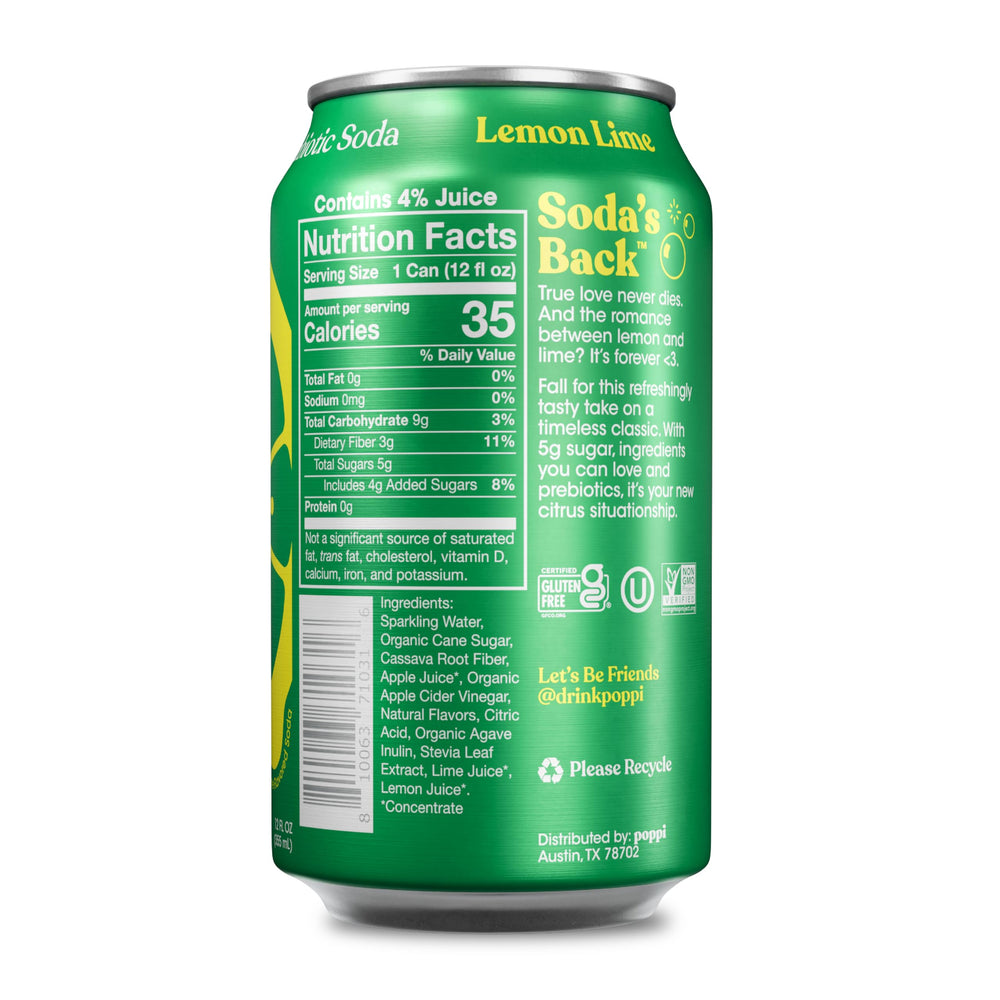 Pouring Poppi Lemon Lime from a can, vibrant fizz for a flavorful pick-me-up