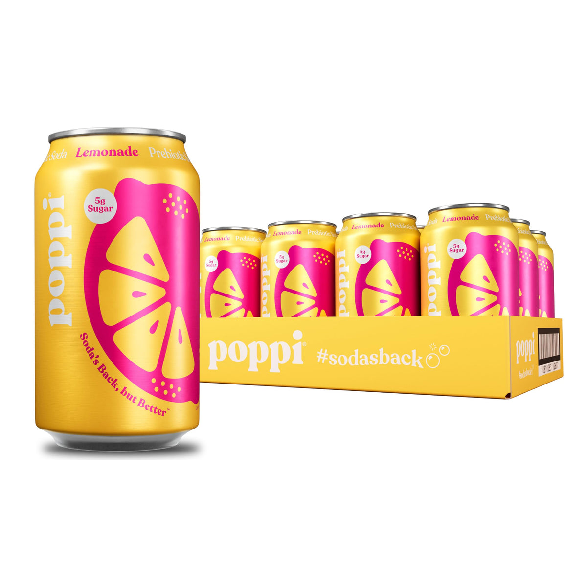 poppi front can showing lemonade label and low sugar benefits
