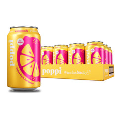 poppi front can showing lemonade label and low sugar benefits