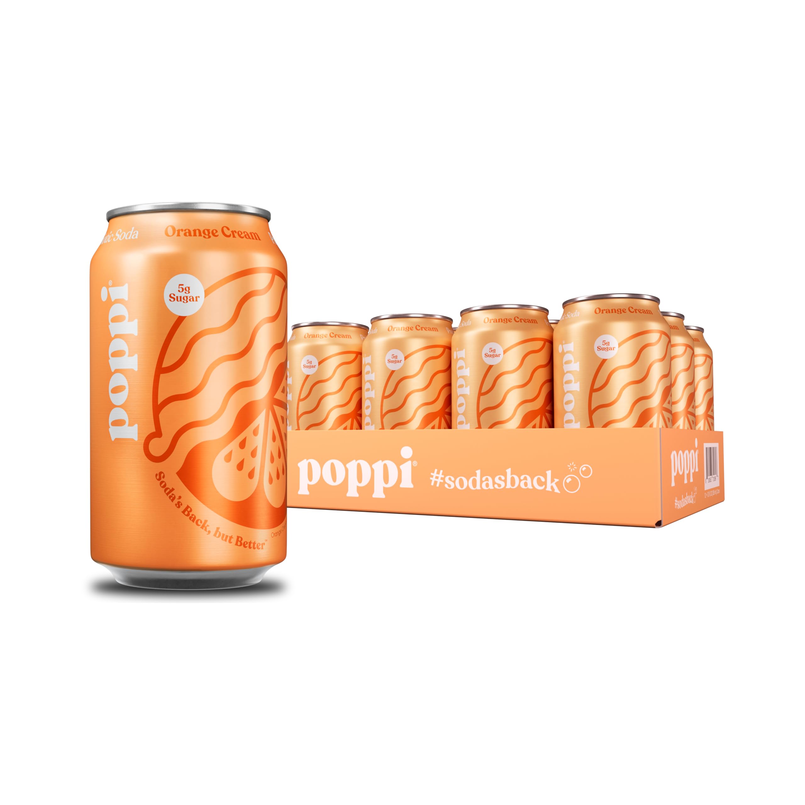 Poppi Orange Cream Soda bottle pouring with bright bubbles for a refreshing, prebiotic sip.