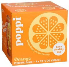 Poppi Orange prebiotic soda can close-up showing crisp flavor and natural prebiotics.