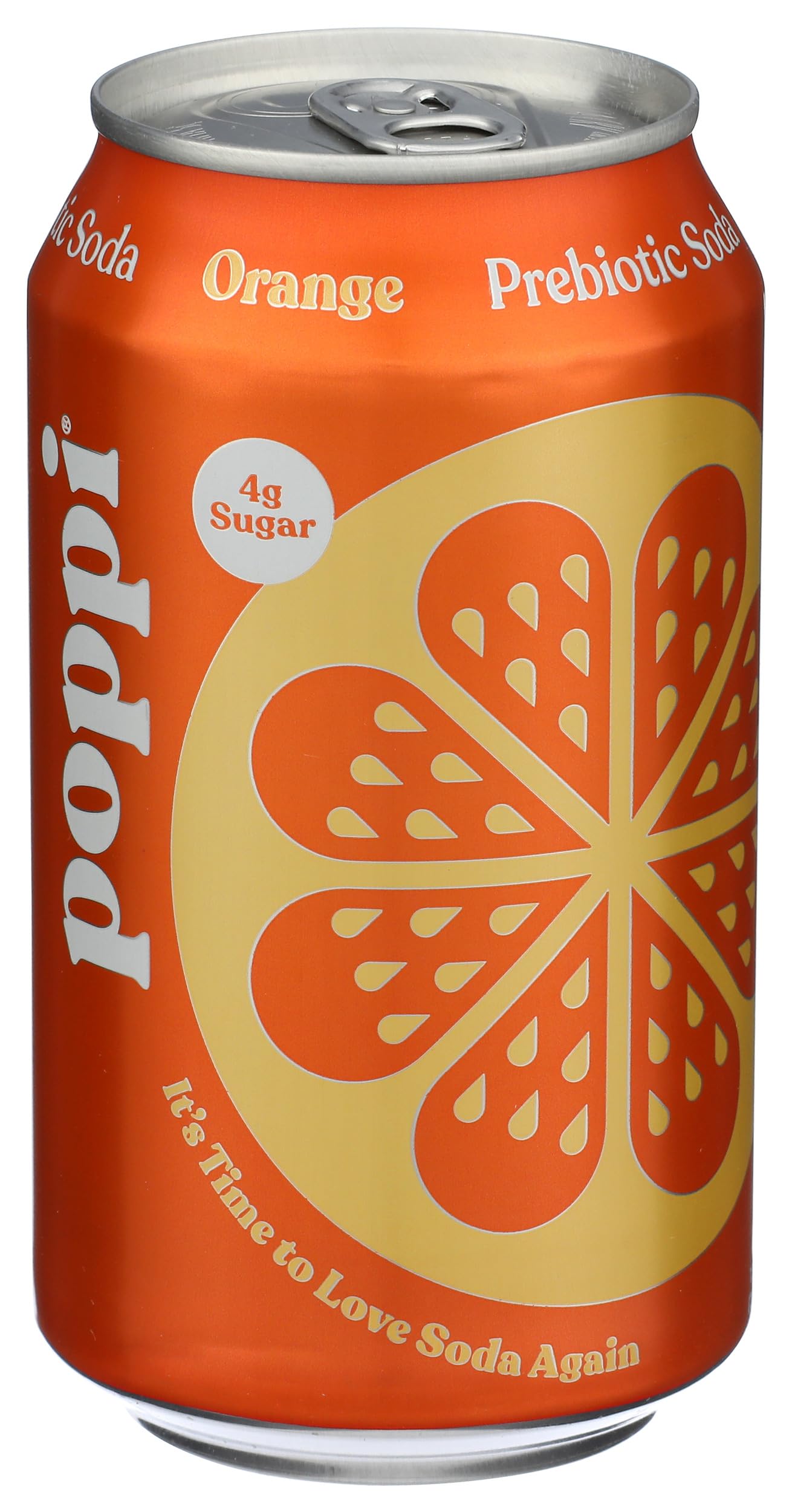 Poppi Orange can label emphasizing low sugar and light calories per can.