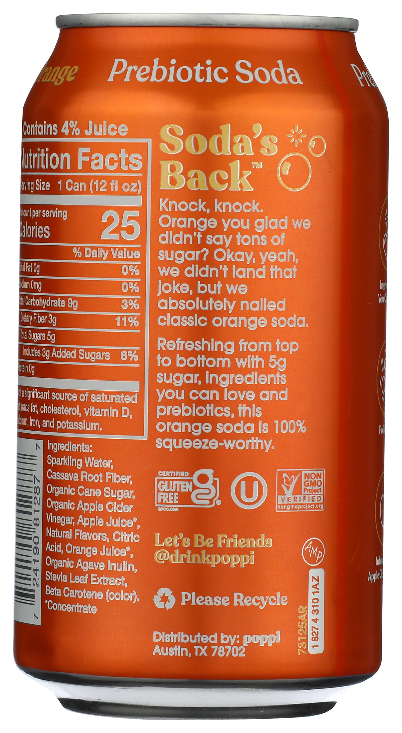 Poppi Orange Soda bottle on counter with fresh oranges nearby.