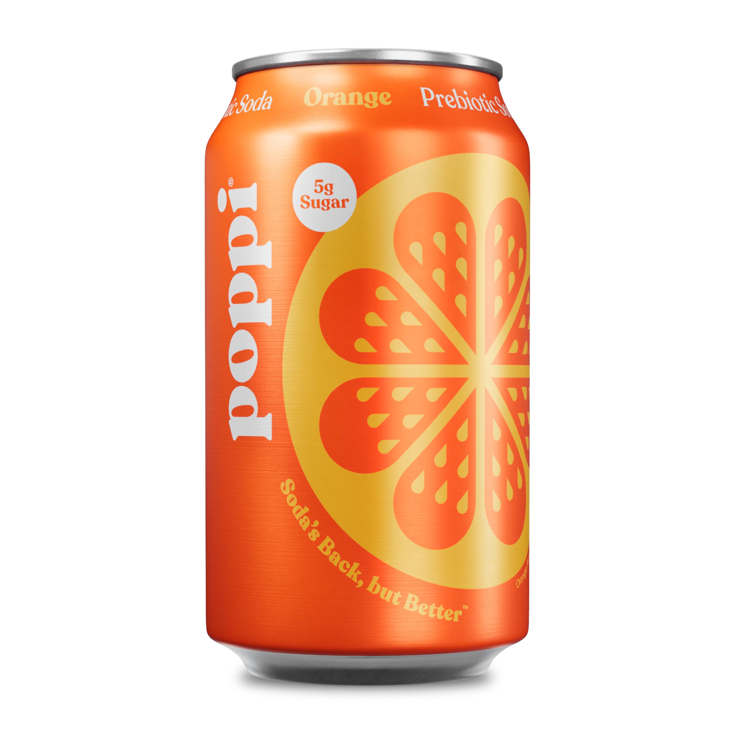 Poppi Orange Soda bottle on counter, highlighting premium prebiotic refreshment.