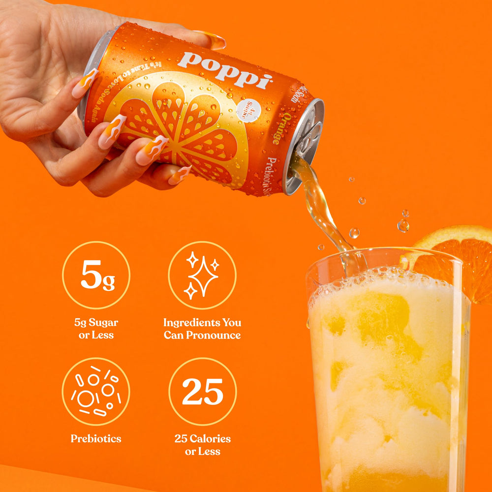 Poppi Orange Soda in a tall glass with ice, ready to enjoy.