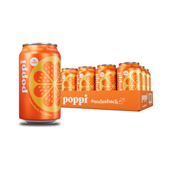 Poppi orange can close-up with refreshing prebiotic fizz and citrus notes