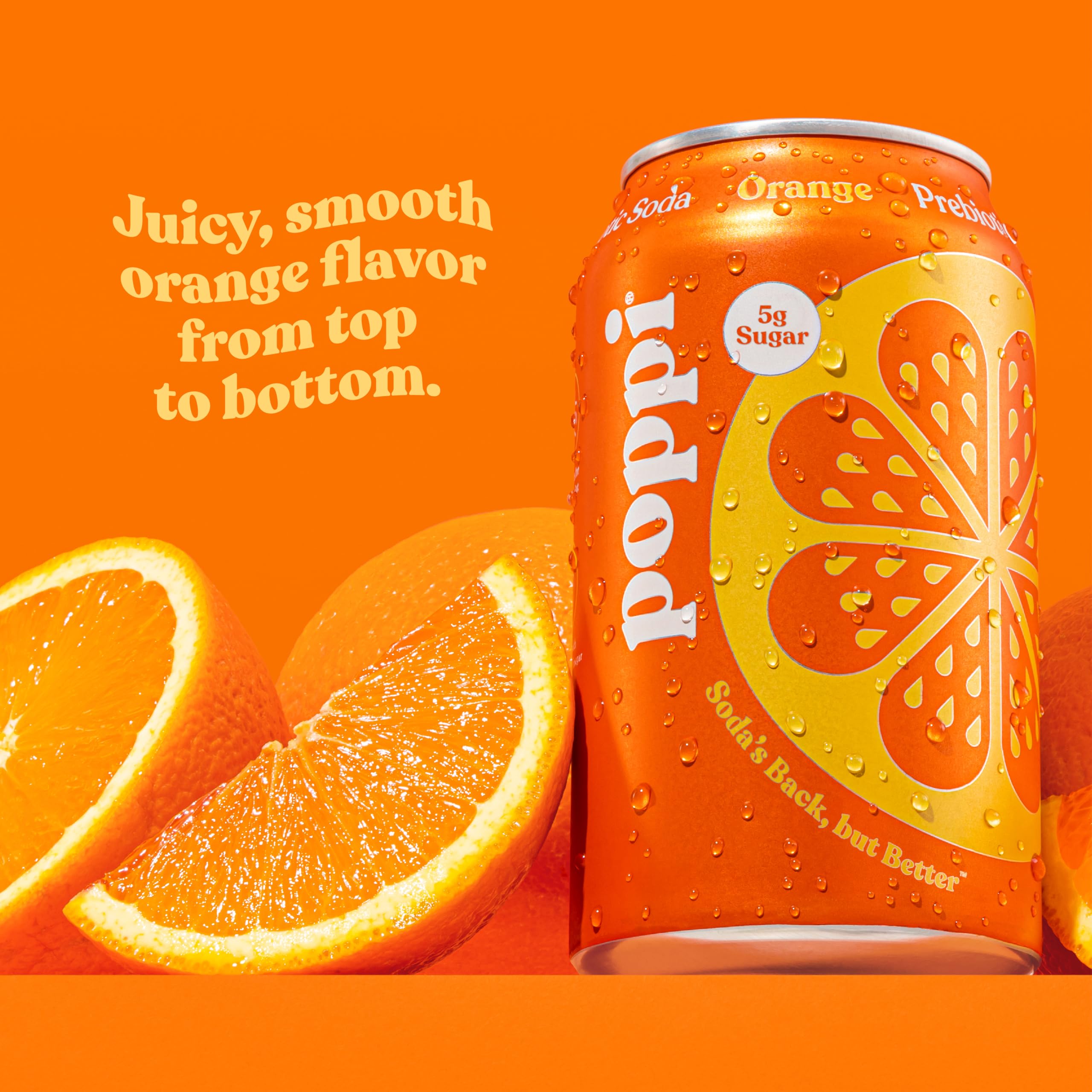 Poppi orange soda close-up showing fizz and real fruit juice notes