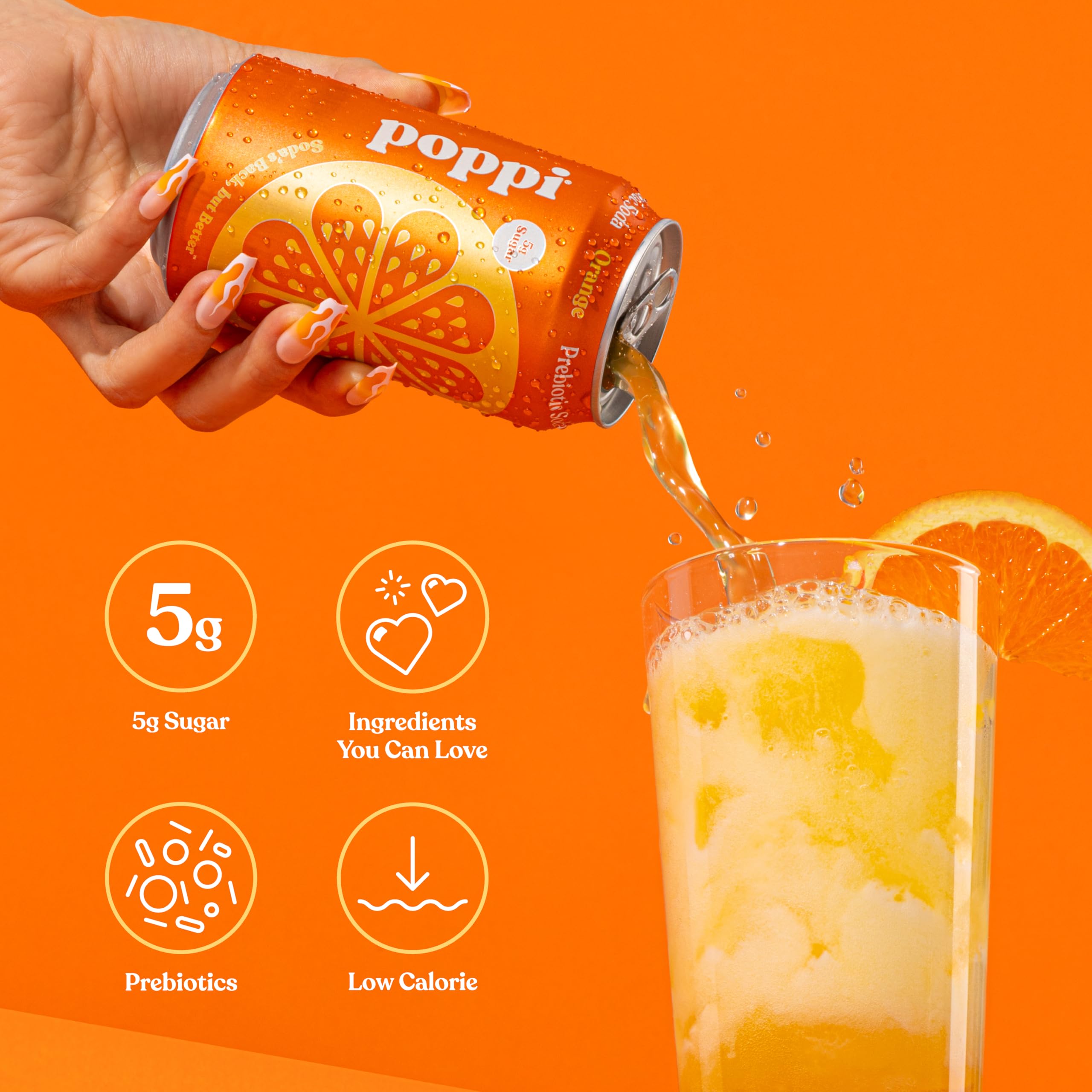 Poppi orange prebiotic soda side view highlighting bold color and bubbles